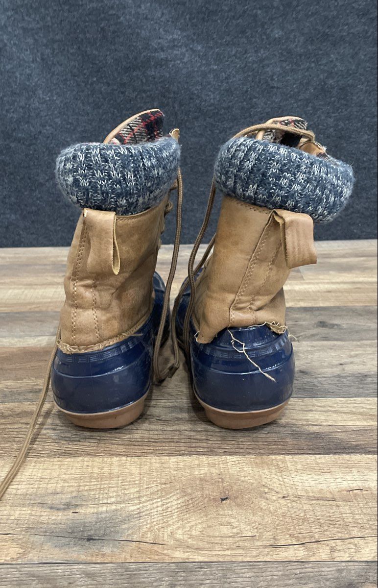 Justfab Women's Brown Navy Blue Duck Boots Knit Sweater Collar Size 12in L