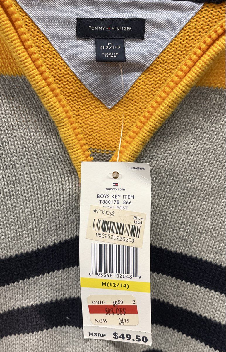 Tommy Hilfiger Boys' Yellow Gray Navy Striped Quarter Zip Sweater M 12/14 NWT