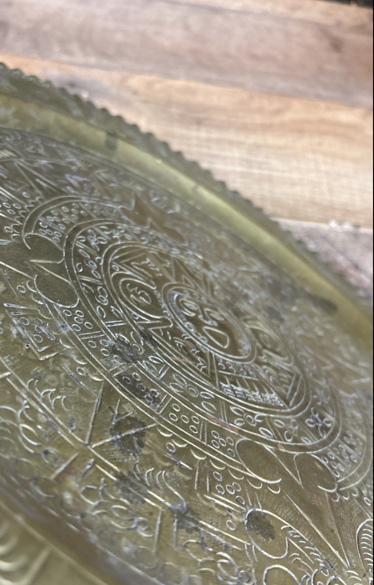 Vintage Brass Aztec Sun Stone Calendar Wall Hanging Platter Tray 14"
