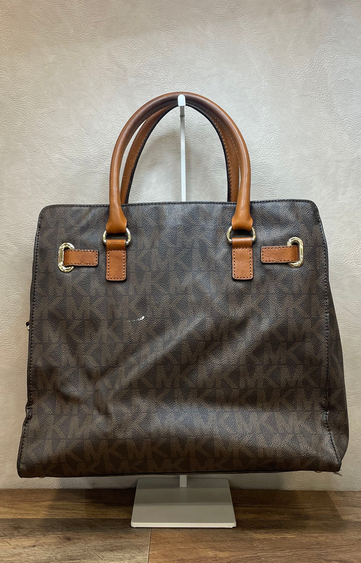 Michael Kors Brown Monogram Hamilton Large Satchel Tote Bag Gold Hardware