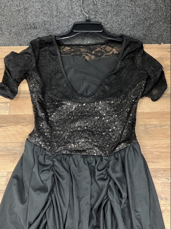 Women's Black Sequin Lace Long Sleeve Dance Costume Draped Skirt Dress