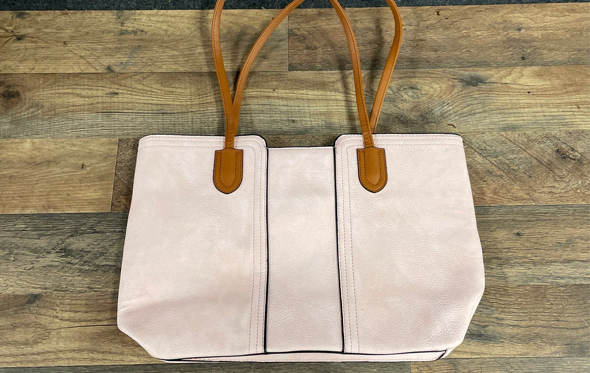Montana West Pink Faux Leather Tote Bag Tan Double Straps Gold Tone Hardware