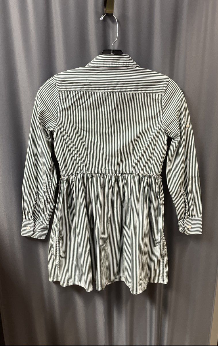 Polo Ralph Lauren Girls Green White Pinstripe Shirt Dress Roll Tab Sleeve Sz 12