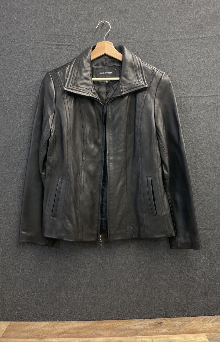 Jones New York Women's Black Genuine Leather Full Zip Jacket Sz L