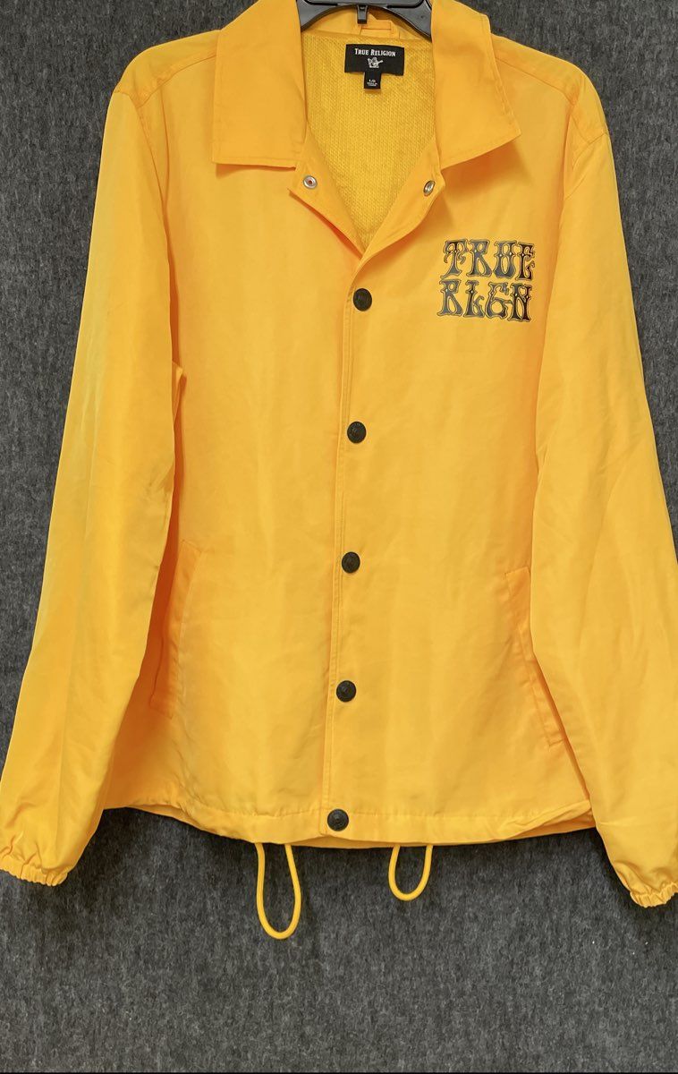 True Religion Men's Yellow Graphic Snap Front Coach Jacket Sz L