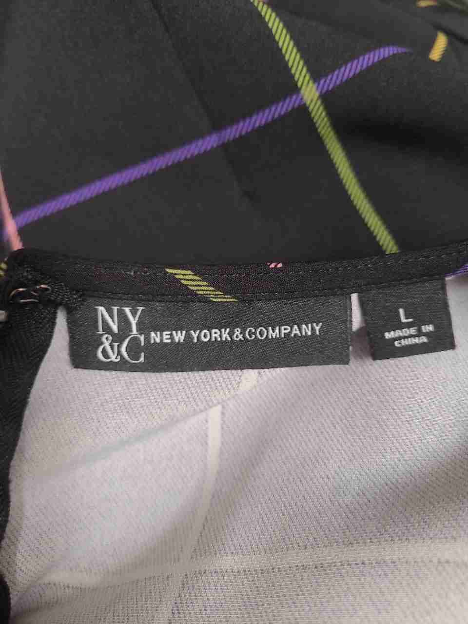 New York & Co Women's Black Multicolor Grid Plaid Puff Sleeve Jumpsuit Sz L