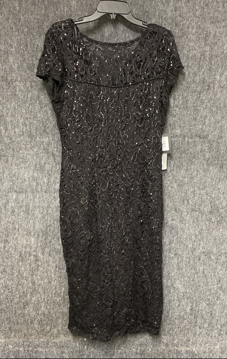 Marina Women's Black Lace Sequin Cap Sleeve Midi Sheath Dress Sz L NWT