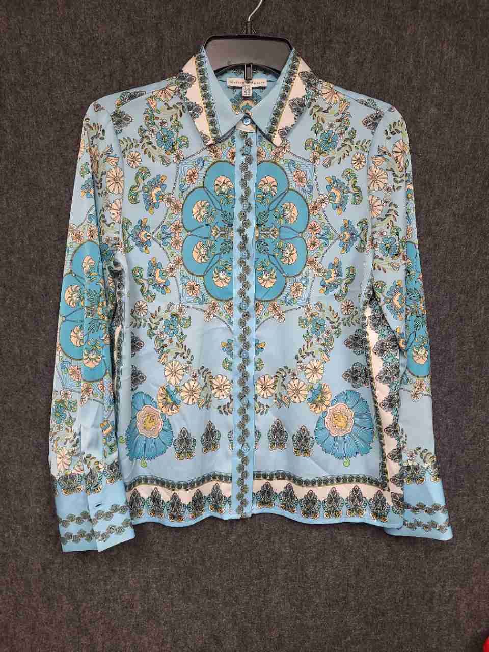Maison d'Amelie Women's Blue Floral Scroll Scarf Print Button Down Blouse Sz XS