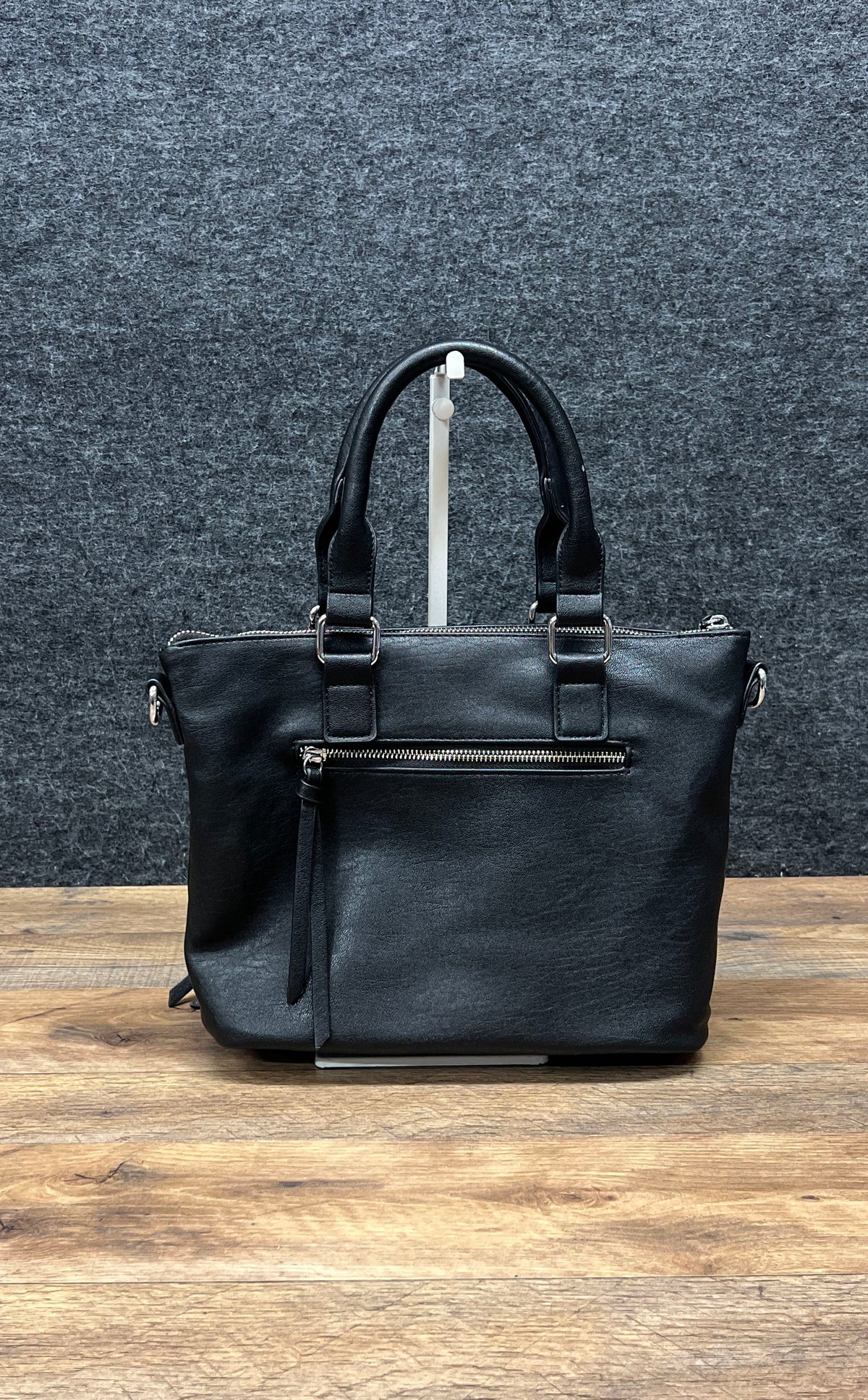 Antik Kraft Black Vegan Leather Satchel Tote Handbag Silver Hardware Multi-Zip