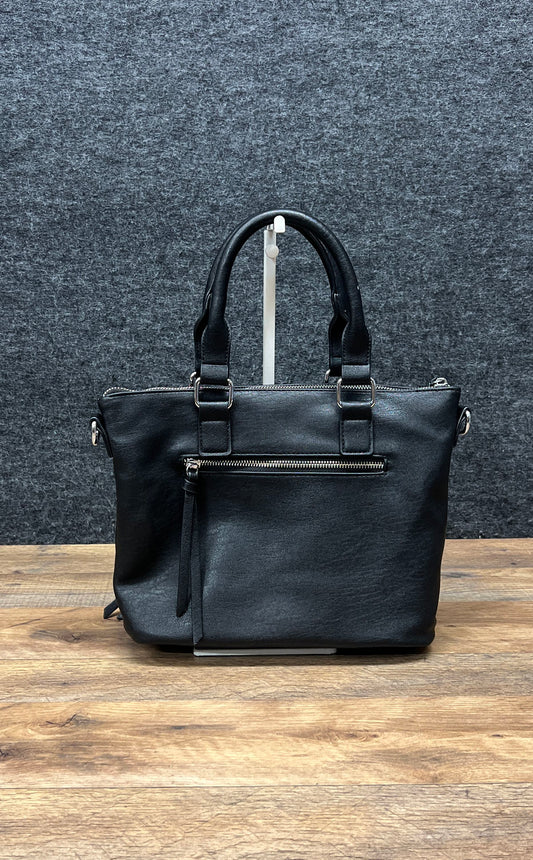 Antik Kraft Black Vegan Leather Satchel Tote Handbag Silver Hardware Multi-Zip