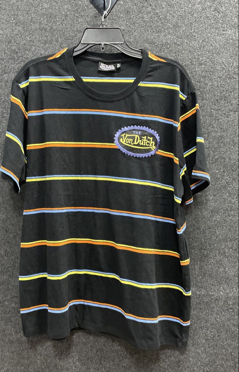 Von Dutch Striped Graphic Patch Logo T-Shirt Black Blue Orange Sz XL