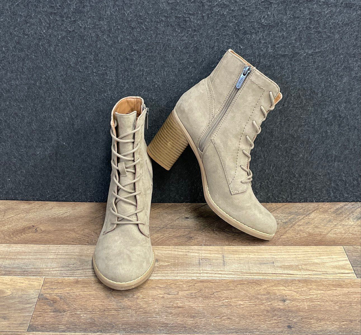 Indigo Rd IRFABRE Tan Textile Lace-Up Side Zip Block Heel Ankle Boots Size 8M