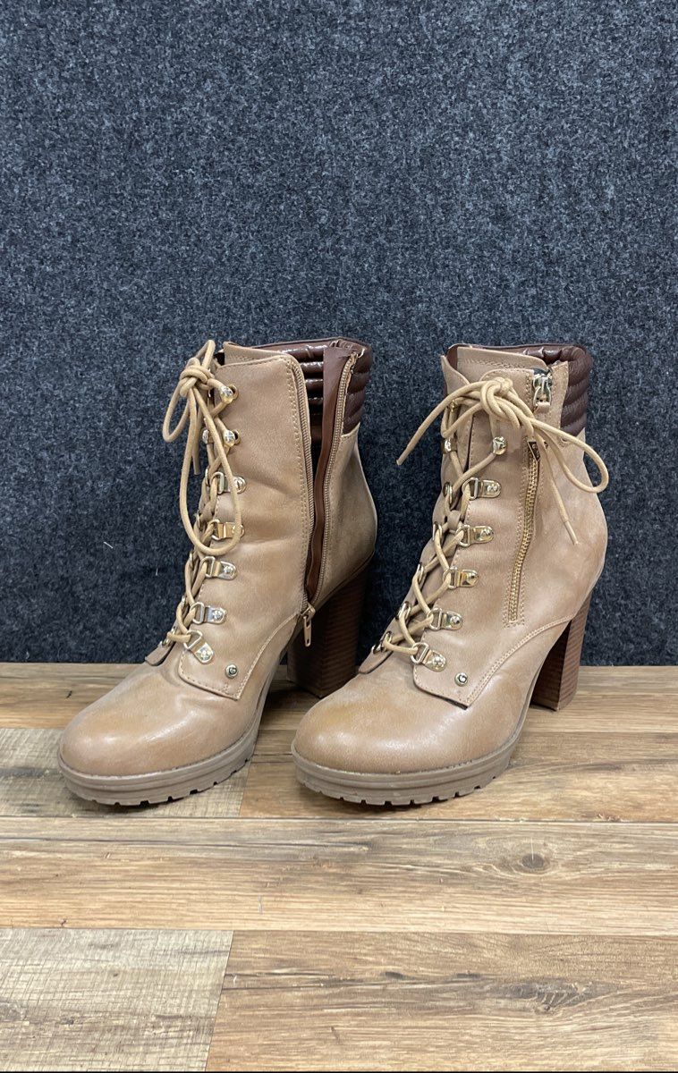 Guess Grove Tan Brown Heeled Lace-Up Combat Ankle Boots Women's Size 10