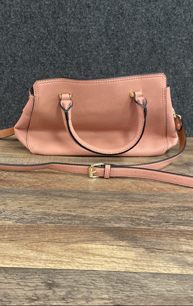 London Fog Pink Pebbled Faux Leather Satchel Handbag Crossbody Gold Hardware