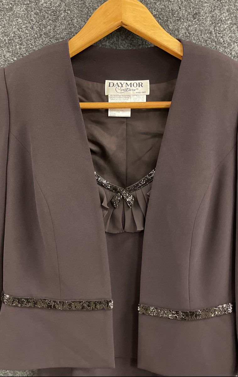 Daymor Women's Brown Beaded Ruffle Jacket & Dress Evening Set NWT Sz 12