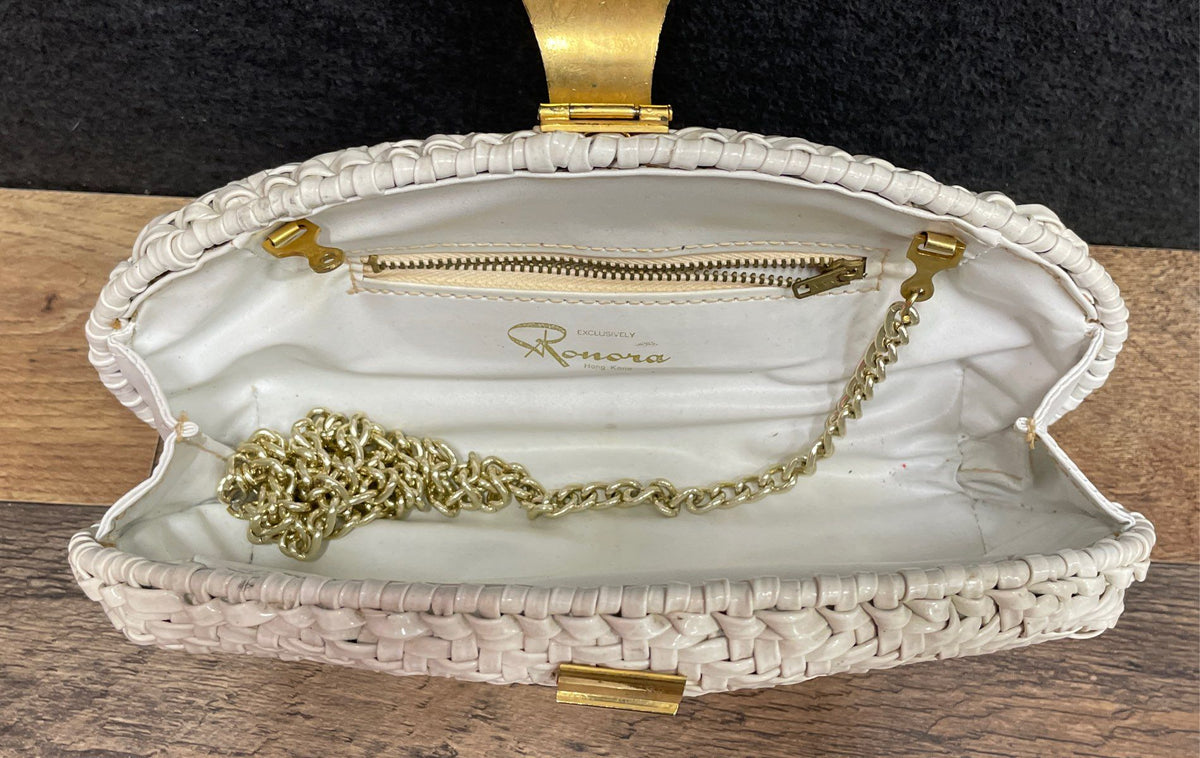 Vintage Ronora White Woven Clutch Bag Gold Shell Clasp Crossbody Hong Kong