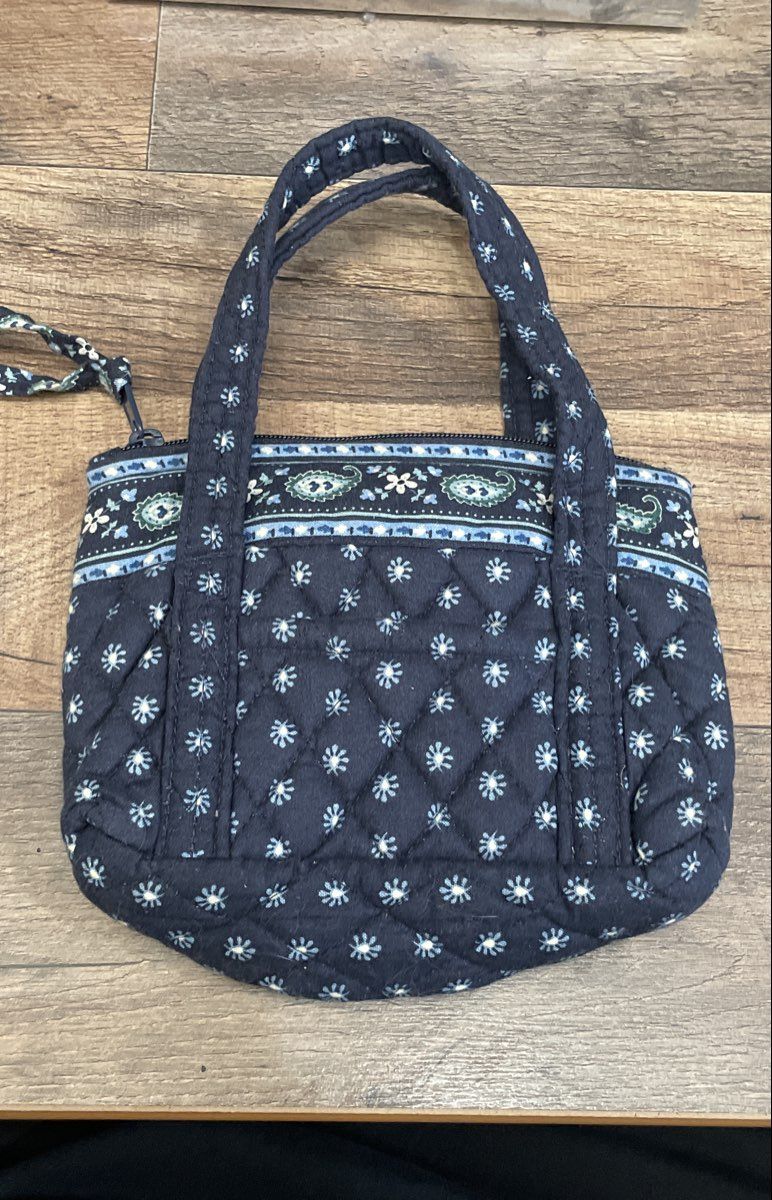 Vera Bradley Navy Blue Floral Paisley Quilted Cotton Top Handle Mini Tote Bag
