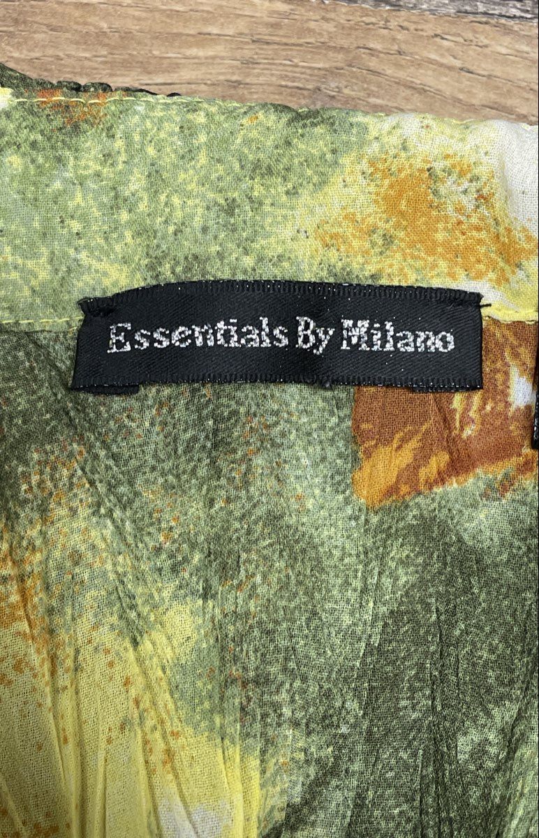 Essentials By Milano Women's Green Yellow Floral Crinkled Pleated Blouse Sz S