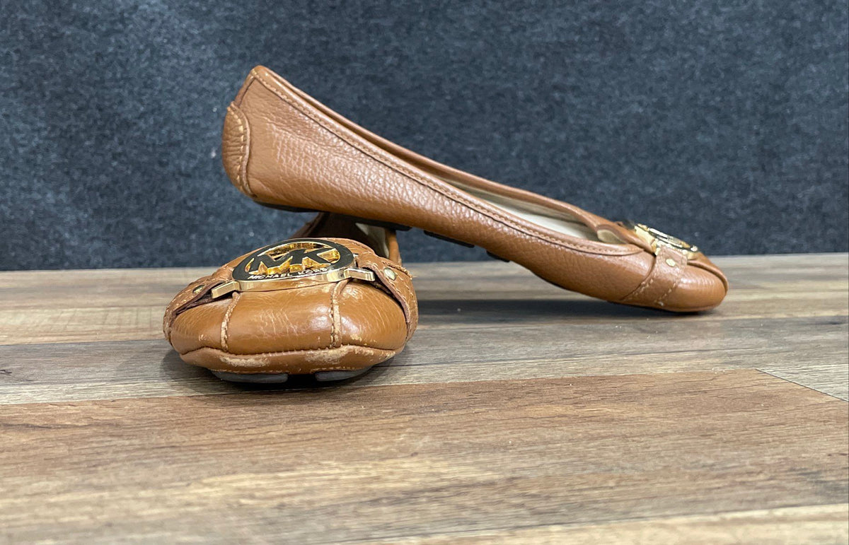 Michael Kors Fulton Brown Pebbled Leather MK Logo Ballet Flat Size 6.5