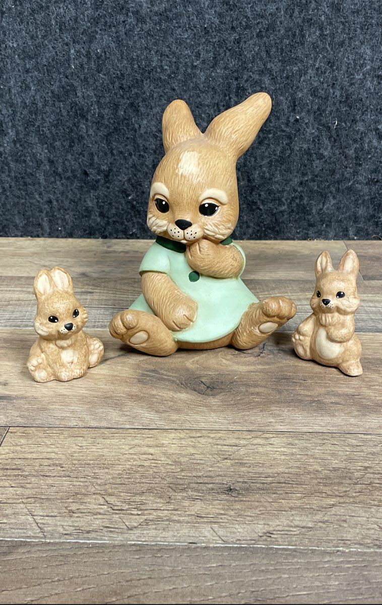 Bunny Rabbit Figurines Lot of 3 Ceramic Bisque Hand Painted Vintage Easter
