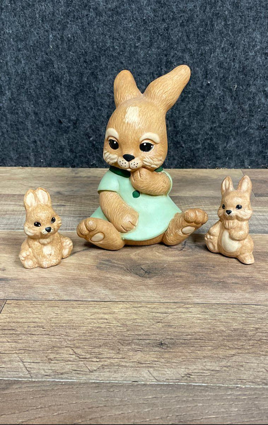Bunny Rabbit Figurines Lot of 3 Ceramic Bisque Hand Painted Vintage Easter