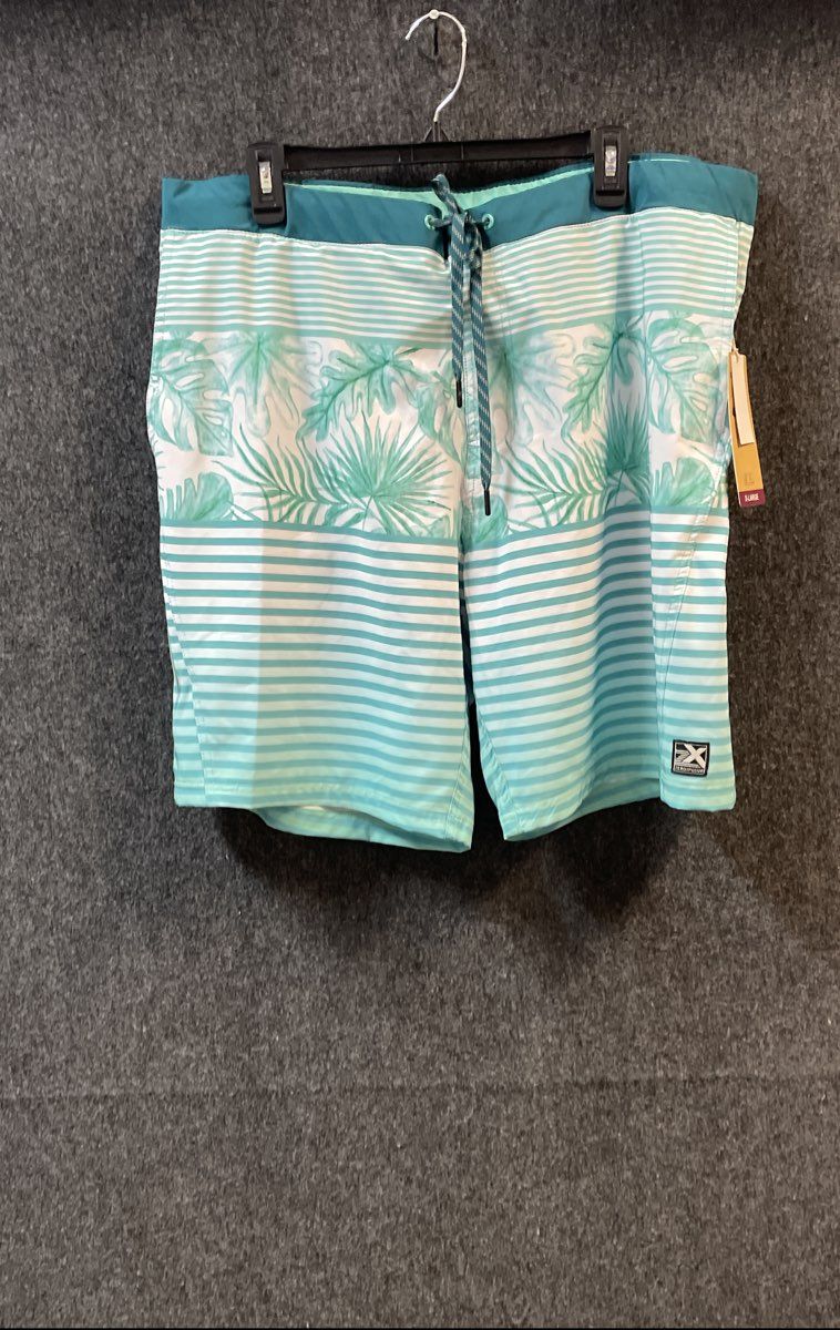 Zeroxposur Men's Swim Trunks Board Shorts Teal Tropical Leaf Striped XL NWT