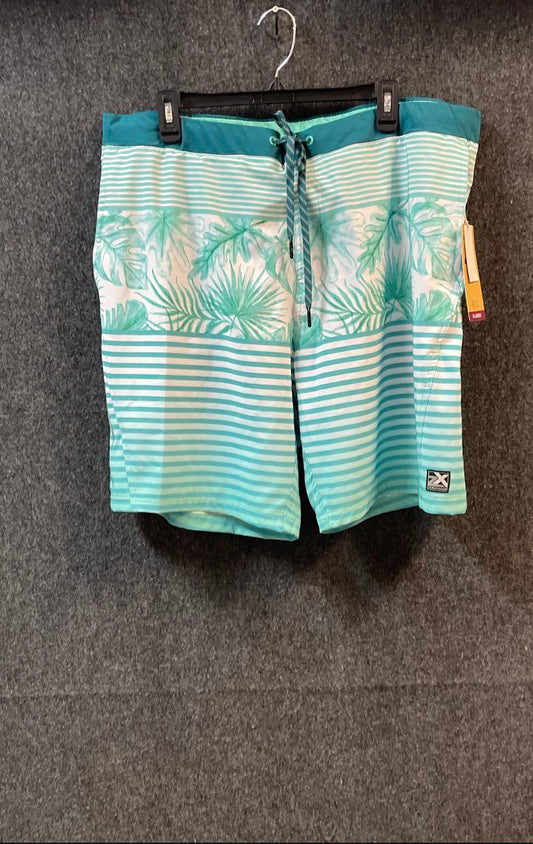 Zeroxposur Men's Swim Trunks Board Shorts Teal Tropical Leaf Striped XL NWT