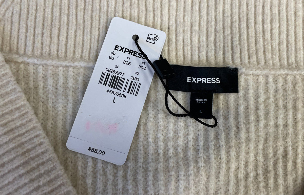 Express Women's Ivory Ribbed V-Neck Oversized Drop Shoulder Sweater NWT Sz L