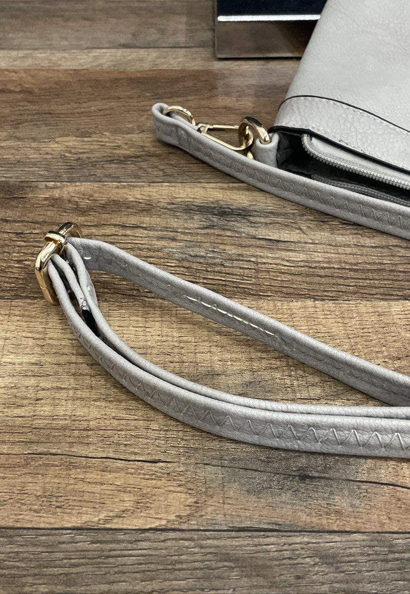 Grey Pebbled Faux Leather Crossbody Shoulder Bag Gold Hardware Large Tote