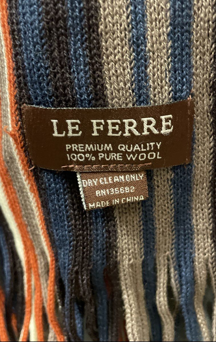 Le Ferre Unisex 100% Pure Wool Striped Scarf Earth Tones Orange Navy Gray Fringe