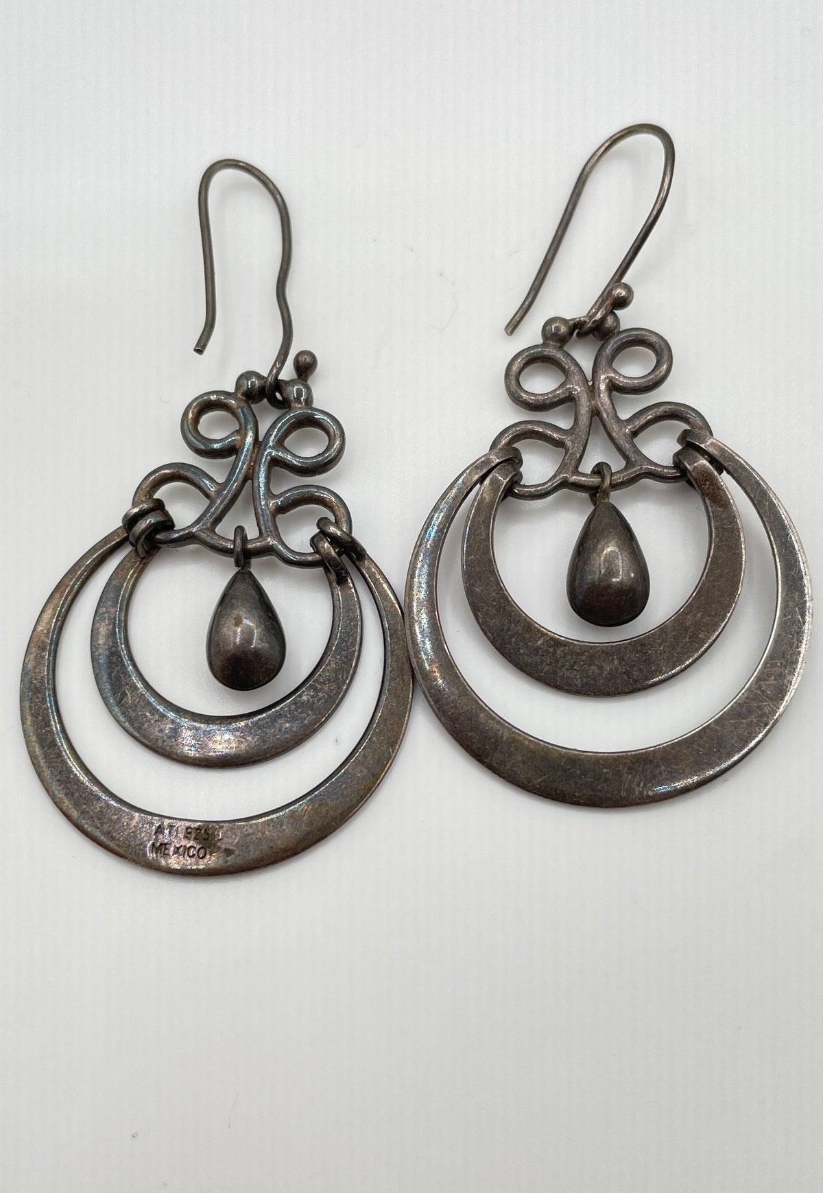 ATI 925 Sterling Silver Double Hoop Teardrop Dangle Earrings Mexico 11.5g