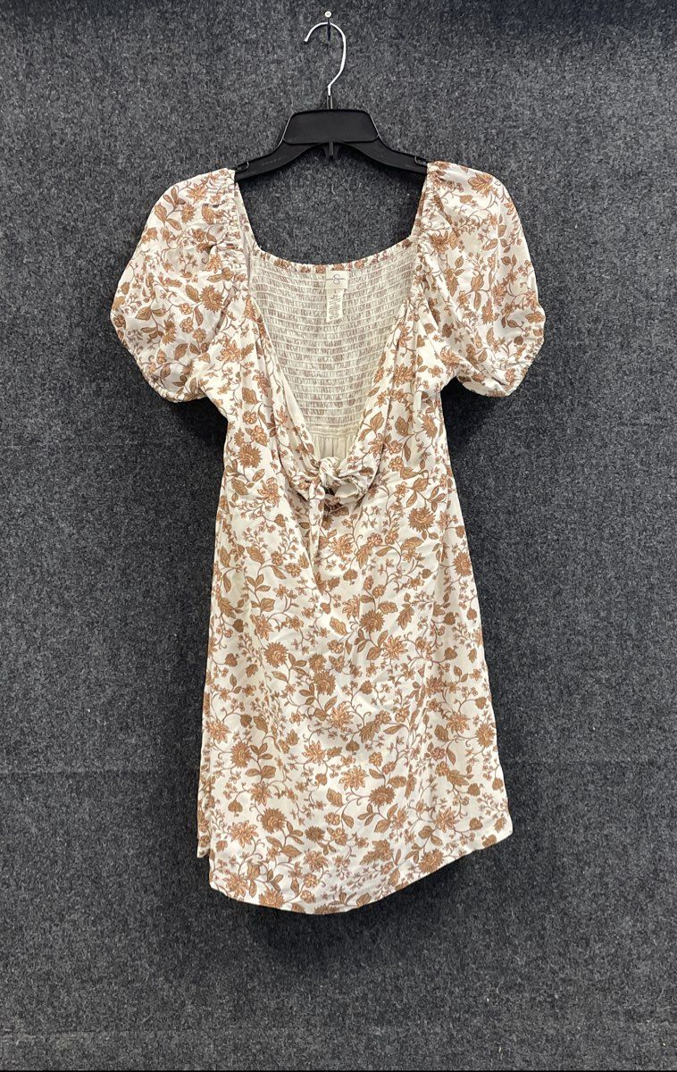 Jessica Simpson Women's Brown White Floral Smocked Puff Sleeve Mini Dress Sz L