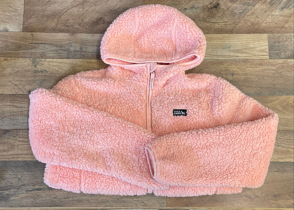 Eddie Bauer Kids Pink Fuzzy Sherpa Hooded Zip Up Fleece Jacket Sz L 14/16