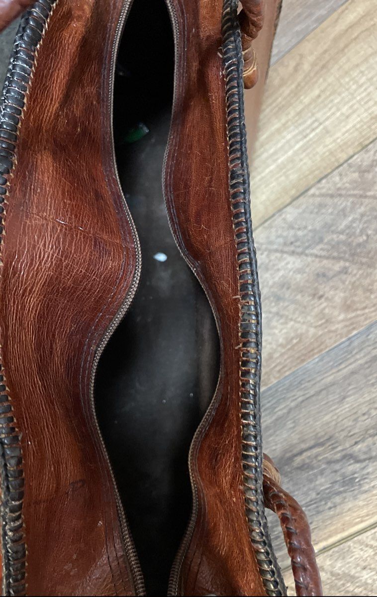 Vintage 1970s Brown Tooled Leather Handbag and Matching Wallet Set
