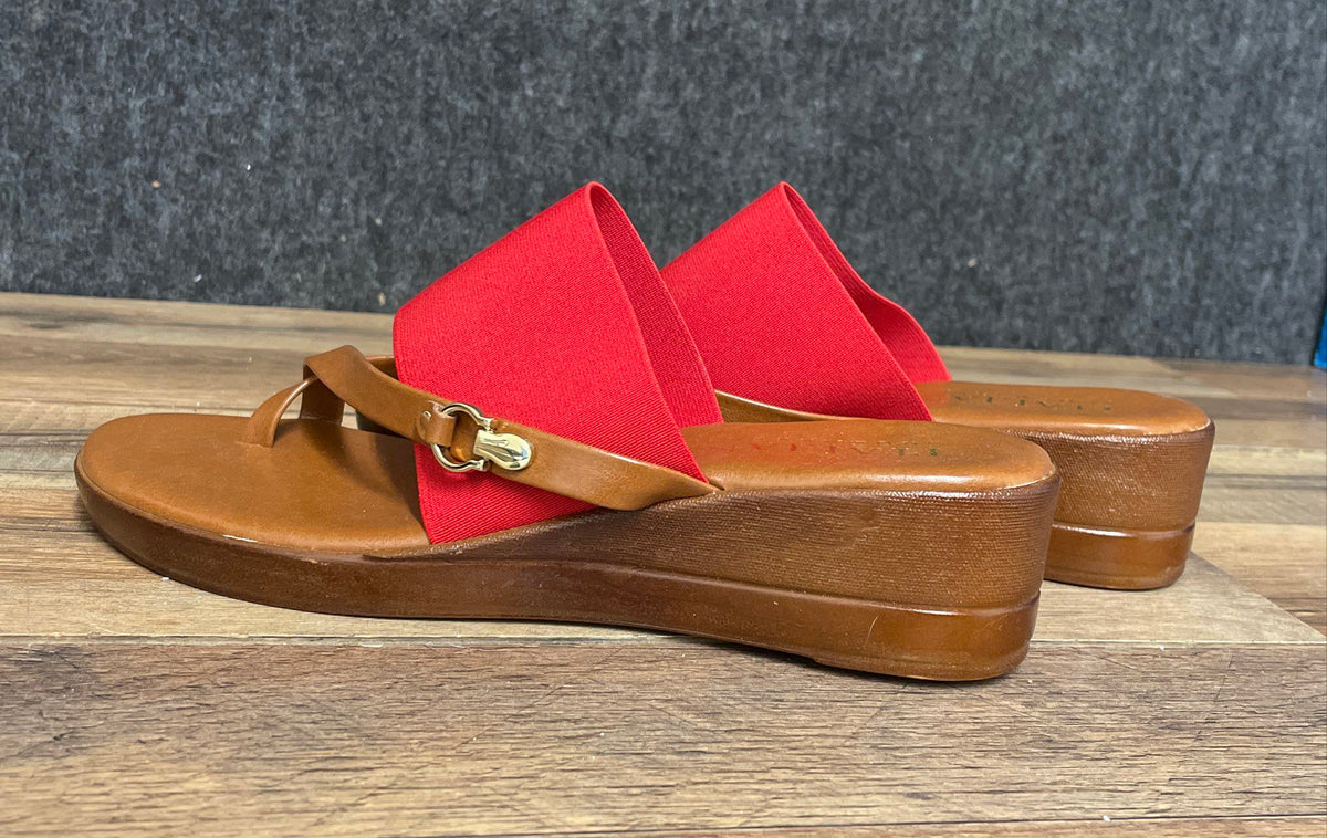 Italian Shoemakers Red Brown Elastic Strap Toe Loop Wedge Sandals Women's Size 8