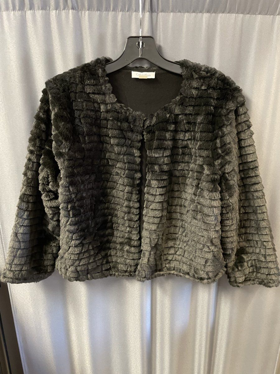 Calvin Klein Women's Black Tiered Shag Faux Fur Open Front Jacket Size M