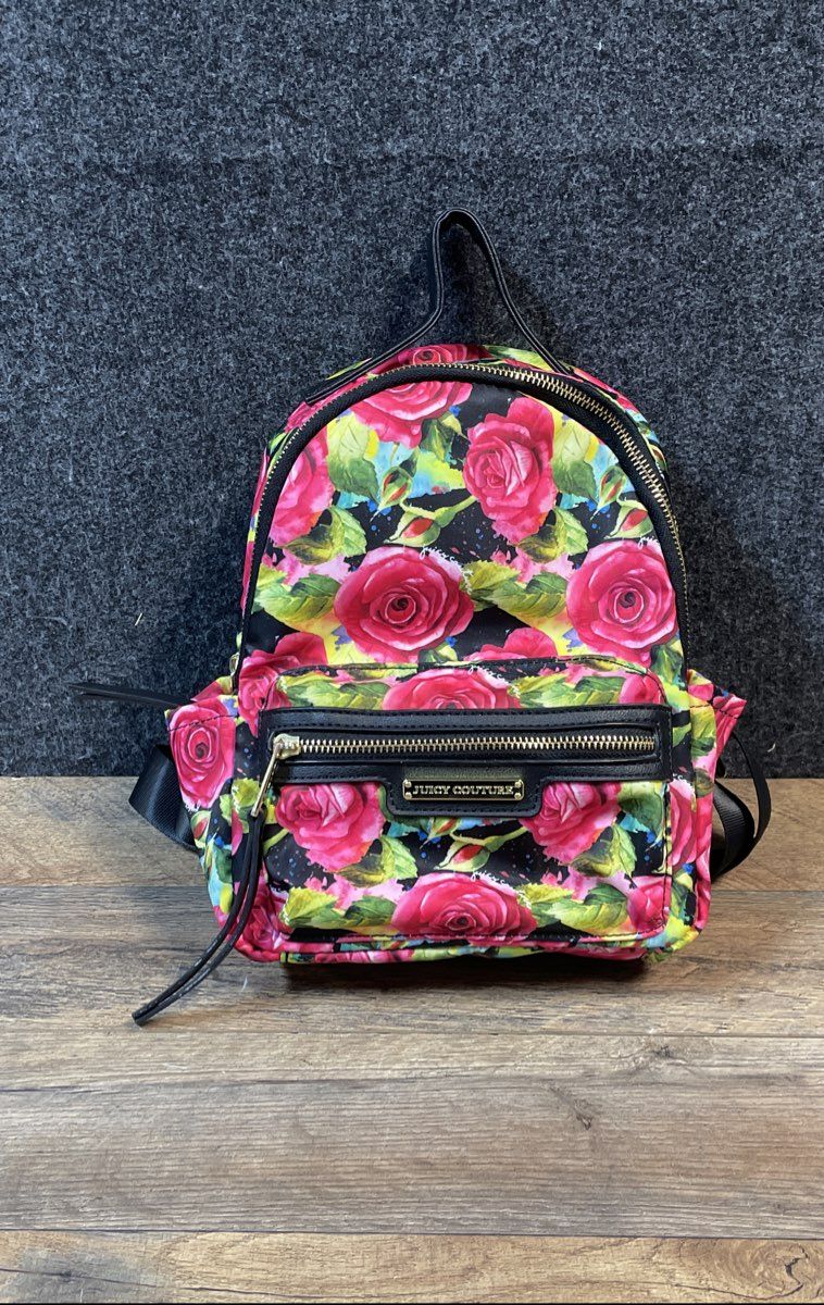 Juicy Couture Pink Rose Floral Nylon Backpack Purse Gold Hardware