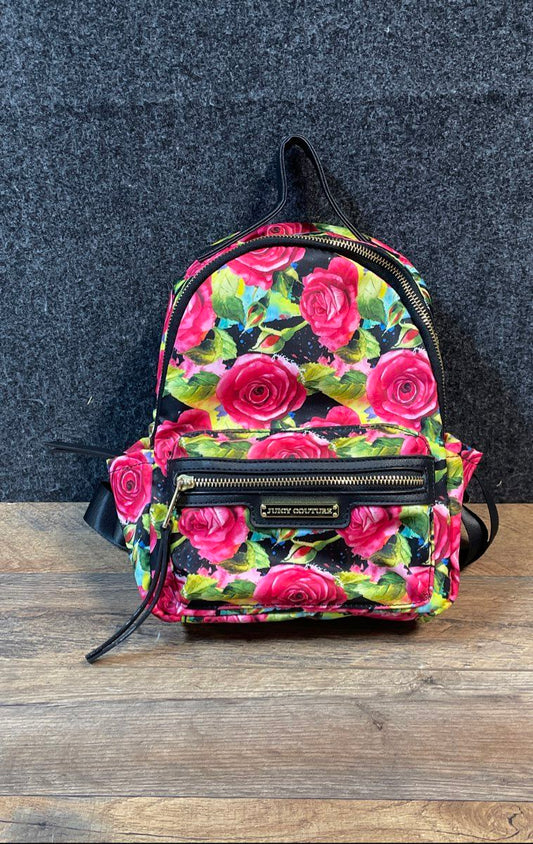 Juicy Couture Pink Rose Floral Nylon Backpack Purse Gold Hardware