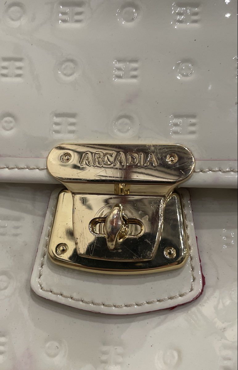 Arcadia White Monogram Embossed Patent Leather Satchel Handbag Gold Hardware