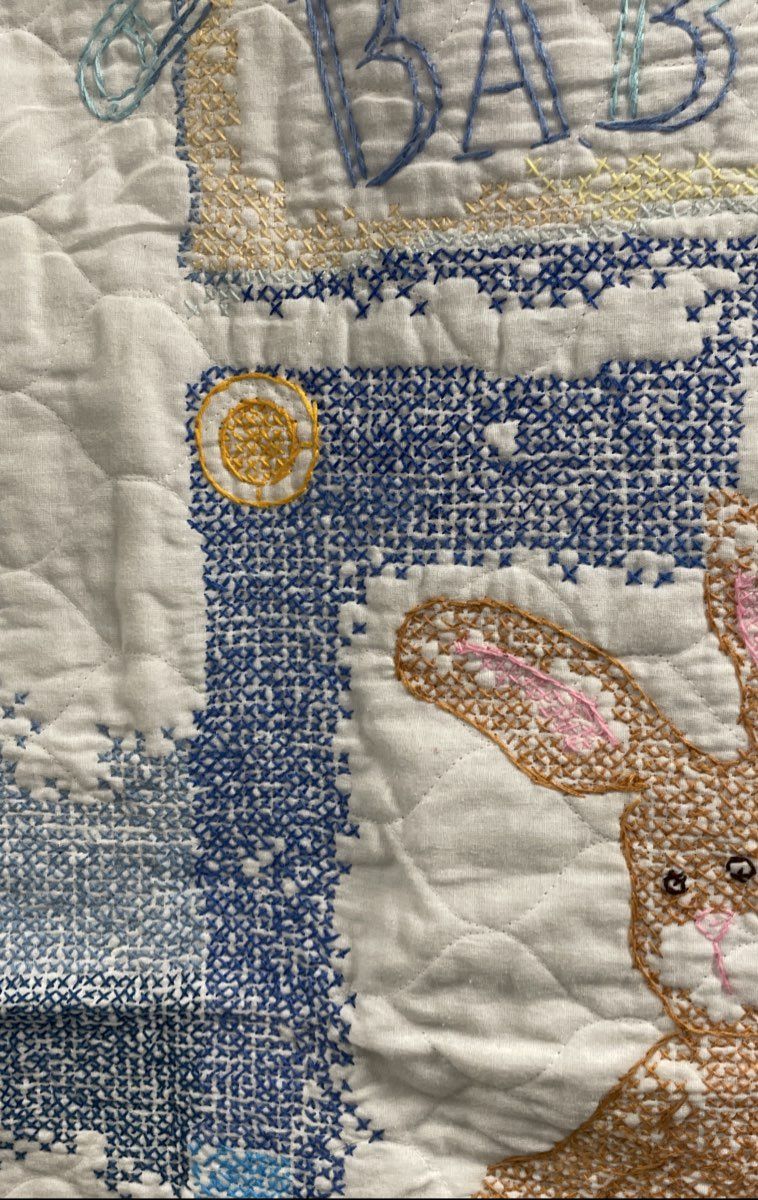 Baby Hugs Cross Stitch Quilted Blanket Teddy Bear Bunny White Vintage Style
