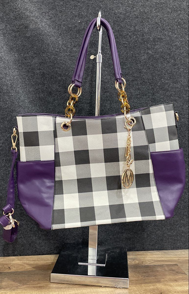Mia K. Collection Purple Checkered Leather Tote Handbag Gold Tone Charm