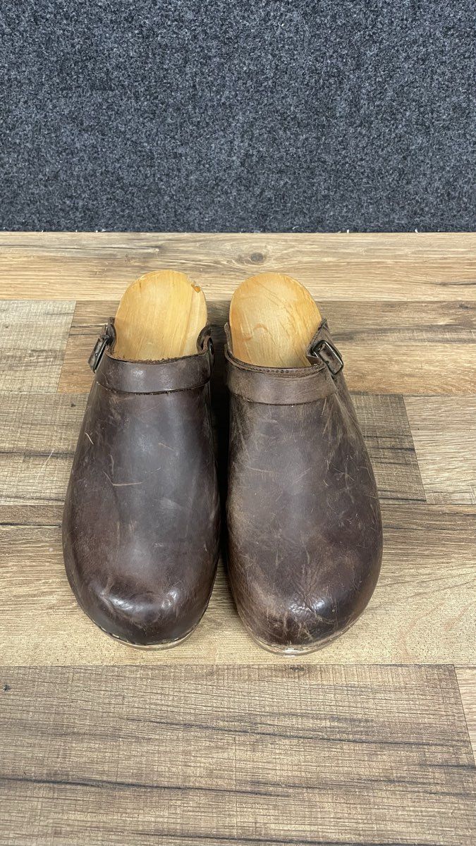 Vintage 90s J. Crew Brown Leather Wood Clogs Buckle Mules Slides Size 10
