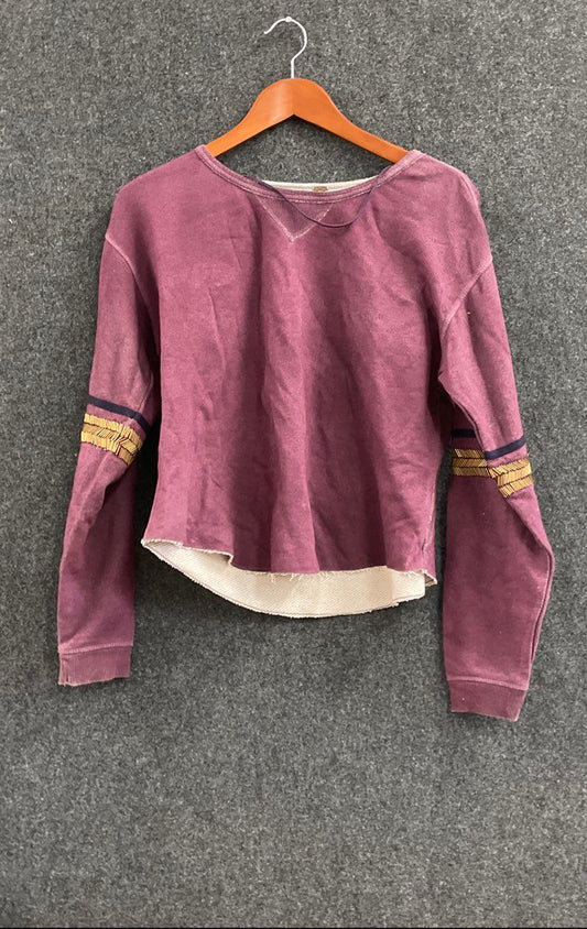 Free People Women's Plum Purple Beaded Sleeve Cropped Sweatshirt Pullover Sz XS