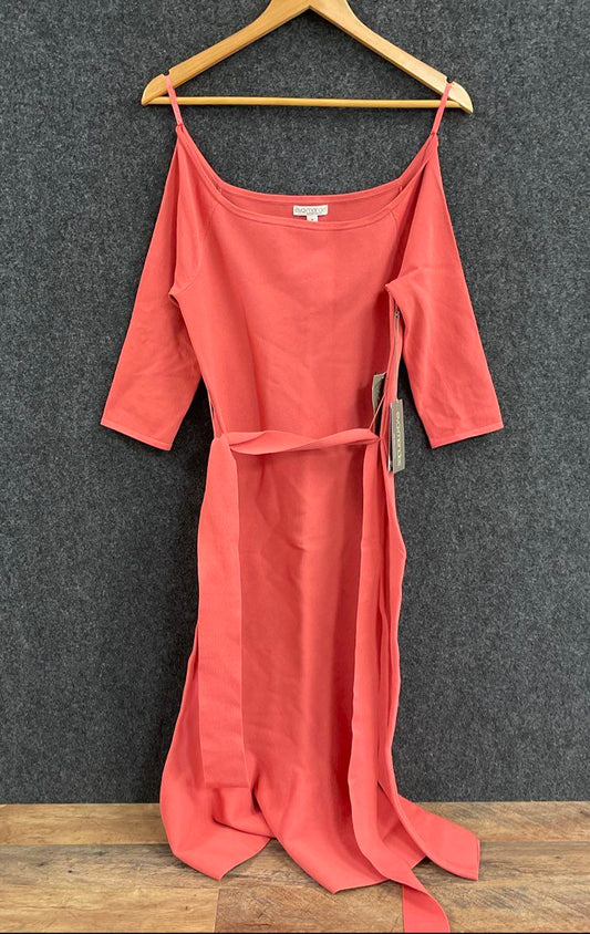 Eva Mendes Women's Terracotta Knit Cold Shoulder Belted Midi Dress Sz M NWT