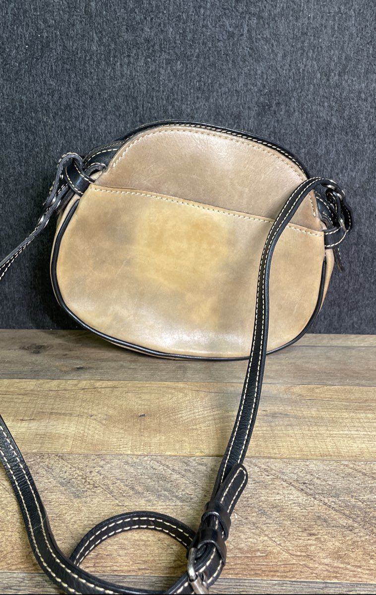 Patricia Nash Chania Beige Leather Crossbody Bag Black Trim Italian Leather
