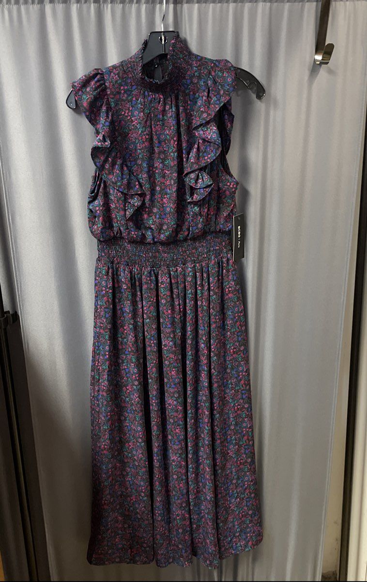 BCBG Paris Women's Black Floral Halter Midi Dress Smocked Waist Ruffle Sz S NWT