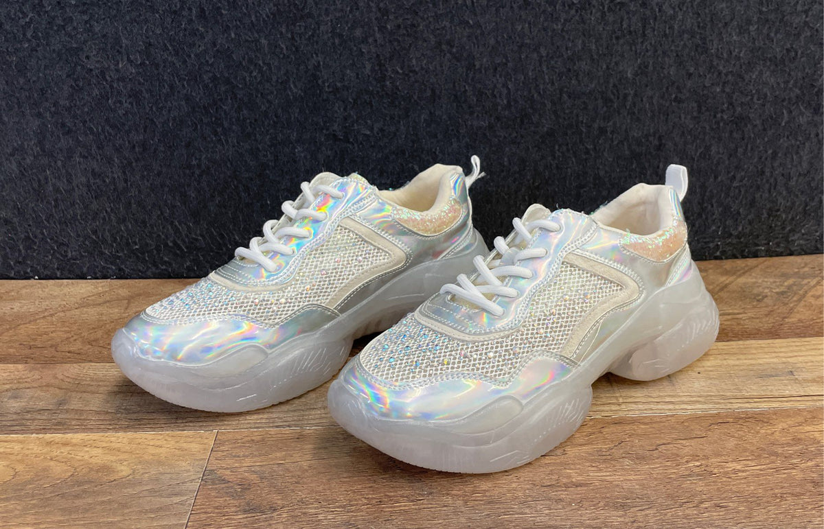 La Sheelah Mindful-7 Silver Holographic Rhinestone Sneakers Size 7