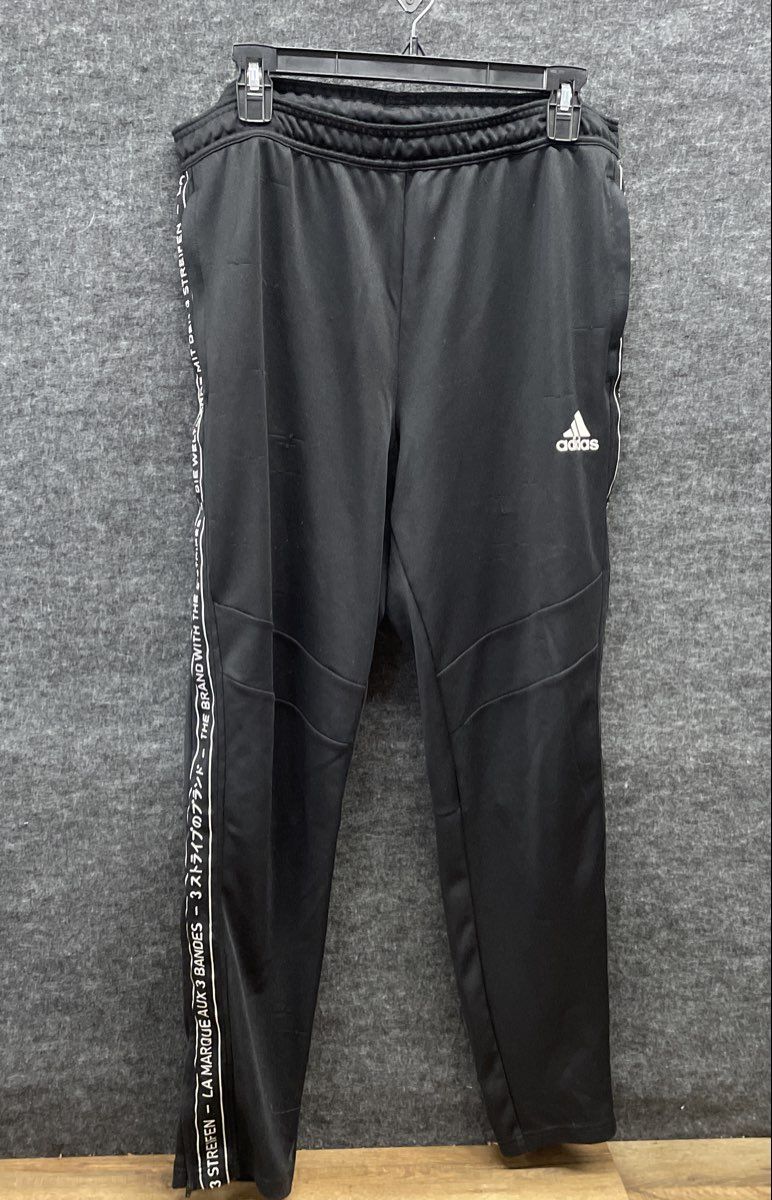 Adidas Men's Black Multilingual 3 Stripes Tape Tapered Track Pants Size L
