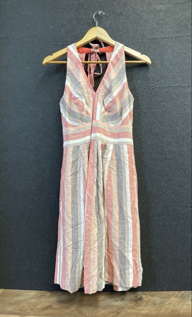 Donna Ricco NY Women's Halter Dress Pink Striped Linen Blend V-Neck Tie Back 4