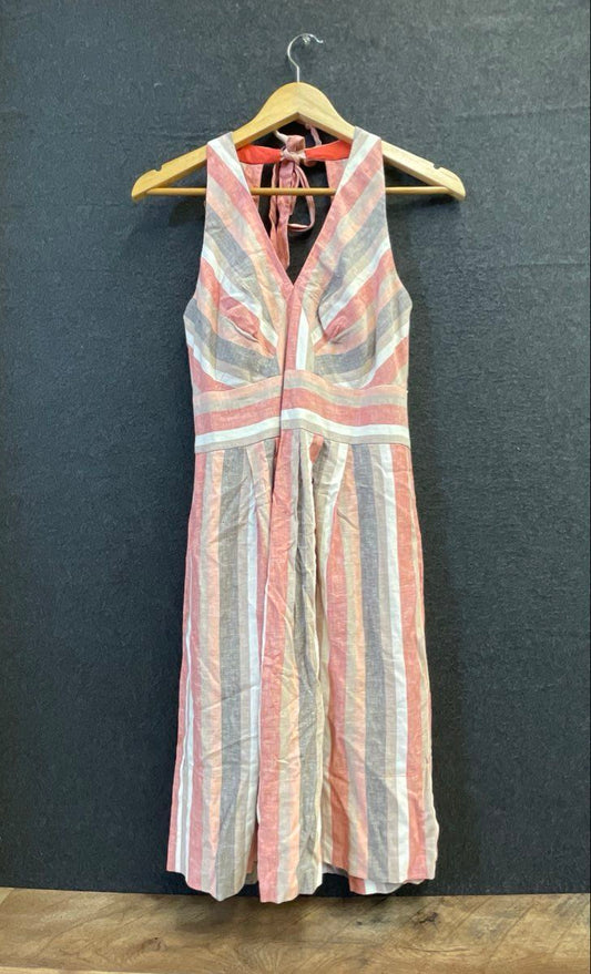 Donna Ricco NY Women's Halter Dress Pink Striped Linen Blend V-Neck Tie Back 4